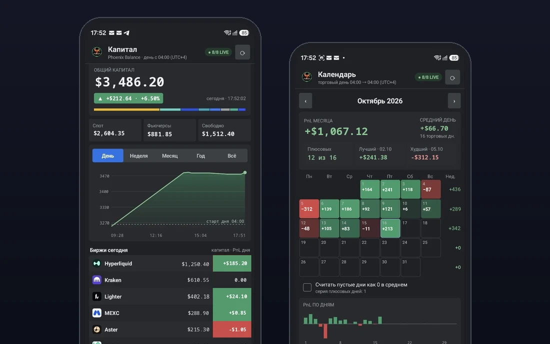 Phoenix Balance: капитал по биржам и календарь PnL (цифры для примера)